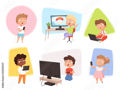 Kids with gadgets. Future technology children using laptop smartphone pc and electronic tablet vector cartoon illustration. Kids with laptop and computer, gadget and pc