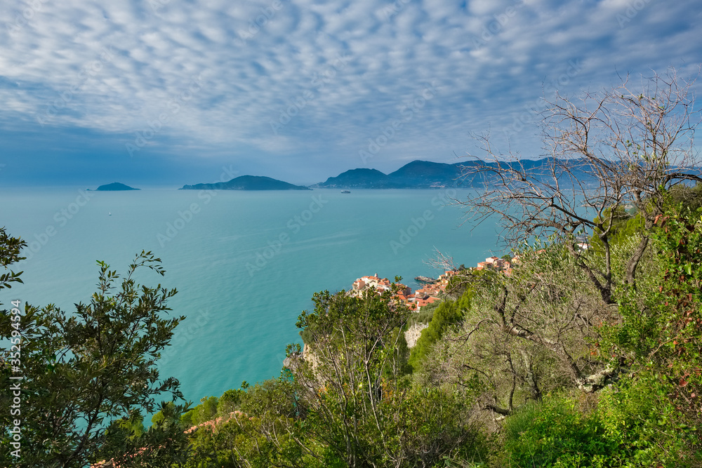 Panorama on the village of Tellaro with the gulf of La Spezia in the background Liguria Italy