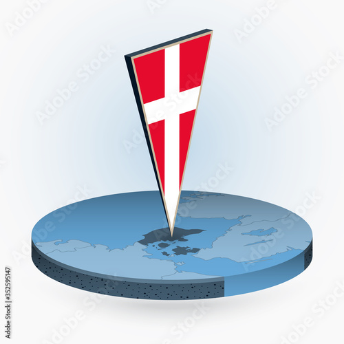 Denmark map in round isometric style with triangular 3D flag of Denmark