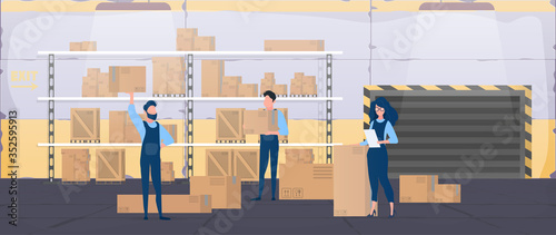 Large warehouse with drawers. Movers carry boxes. The girl with the list checks availability. Big truck. Carton boxes. The concept of transportation, delivery and logistics of goods. Vector.