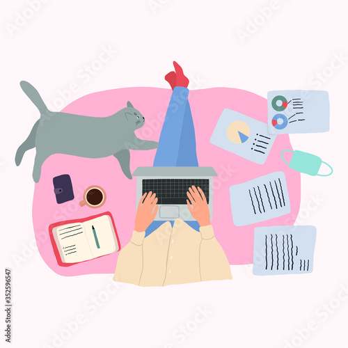 A girl or a guy sits on the floor and works at a laptop. Nearby lies a cat, papers, coffee, a notebook.Vector hand drawn illustation.At home in quarantine.Freelance or studying concept