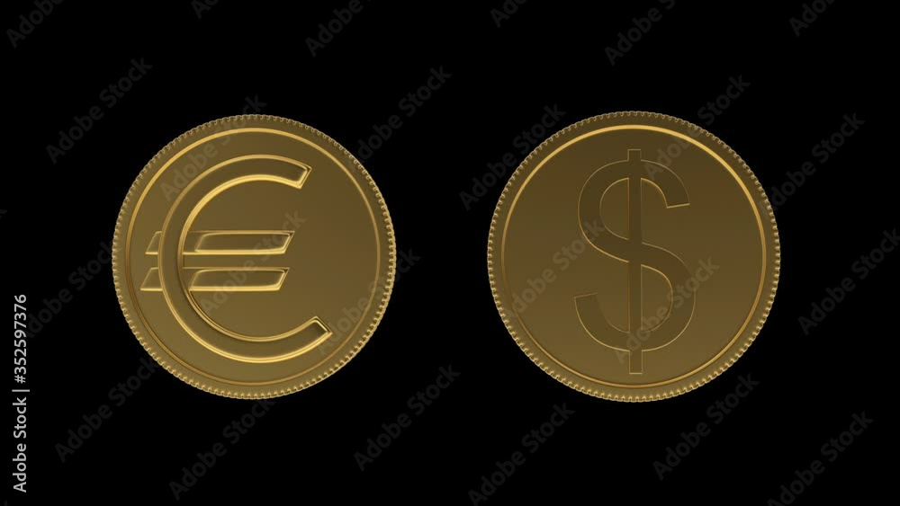 3D animation Seamless Loop of gold coins with a Dollar and Euro signs rotates isolation on a black background. Alpha Channel. 4K resolution. 3D animation Seamless Loop of gold coins with a Dollar and Euro signs rotates isolation on a black background. Alpha Channel. 4K resolution.