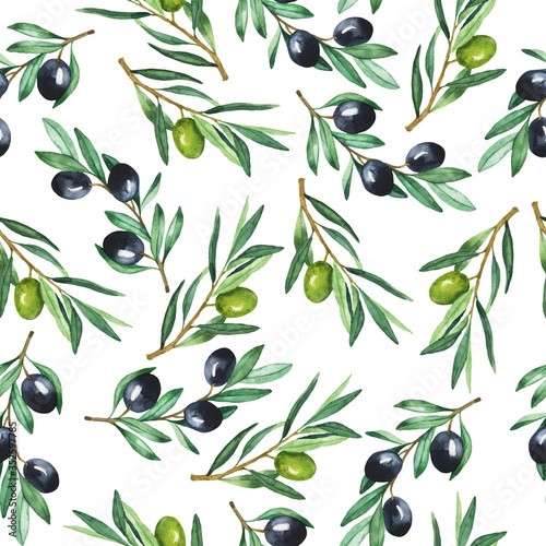 Seamless pattern with black and green olive branches on white background. Hand drawn watercolor illustration.