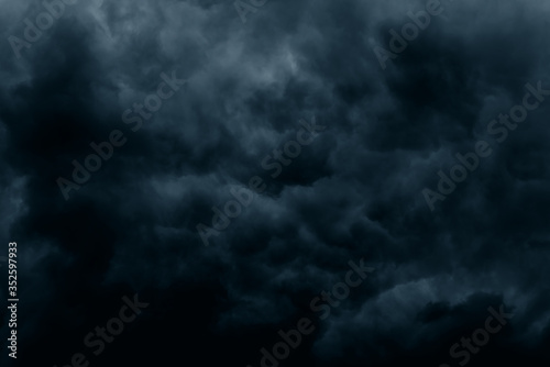 Stormy rain big fluffy clouds. Dark sky. Natural scenic abstract background. Weather changes backdrop. Sky filled with voluminous clouds.