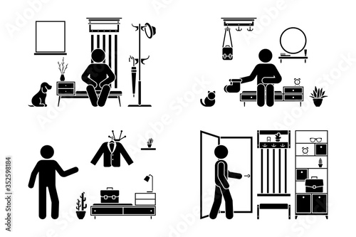 Apartment hallway design vector illustration icon set. Stick figure man in foyer entrance black and white cut out flat style silhouette pictogram on white