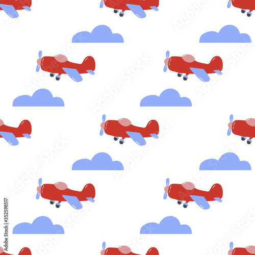 Kid seamless pattern with retro plain on white background. Simple airplane endless ornament. 