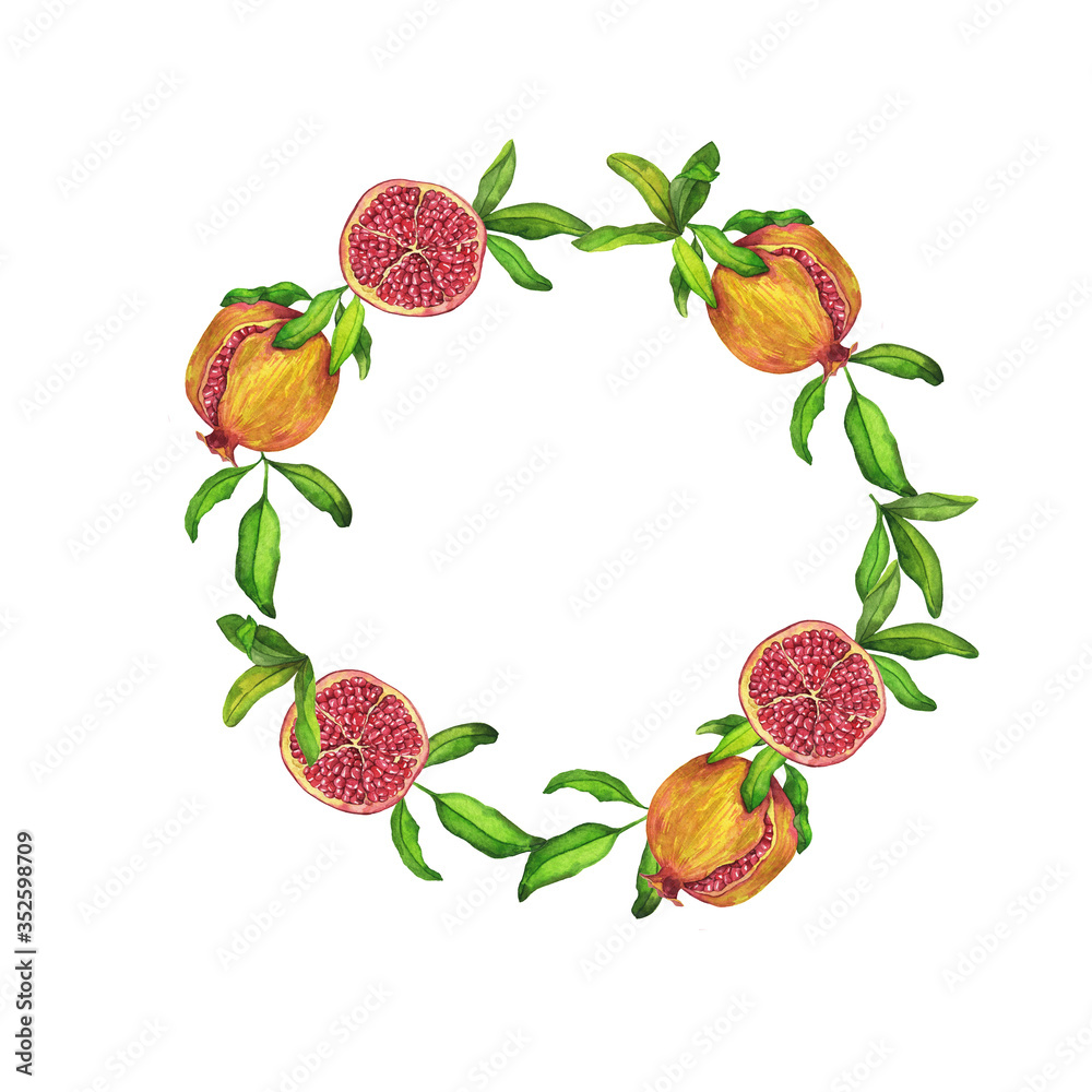 Fresh yellow and red pomegranate fruit and green leaves frame isolated on white background. Hand drawn watercolor illustration. Fresh yellow and red pomegranate fruit and green leaves frame isolated on white background. Hand drawn watercolor illustration.
