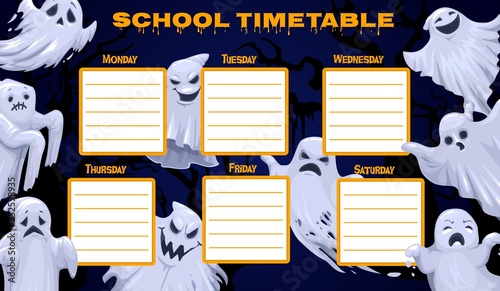 School timetable template, weekly classes vector schedule with funny ghosts. Cartoon halloween spook characters on scary trees background. School time table kids schedule design, educational planner