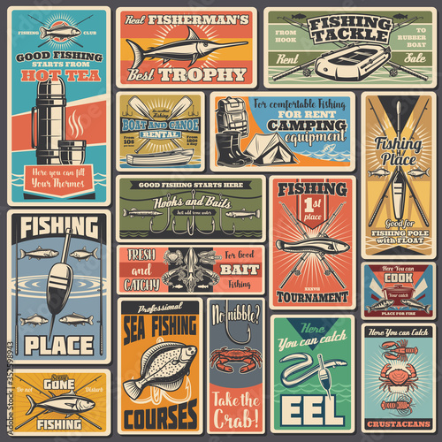 Fishing sport equipment and items vector posters. Fisherman tournament, boat and canoe rental service. Professional fishing sport, tackle and bobber, fishing rod, camping equipment, fish and bowls