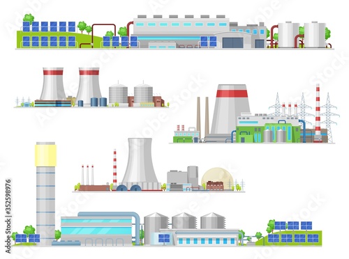 Nuclear and power plant, gas station isolated vector building icons. Industrial buildings and factory facilities, energy production. Nuclear reactor and pipes, air pollution industrial pipelines
