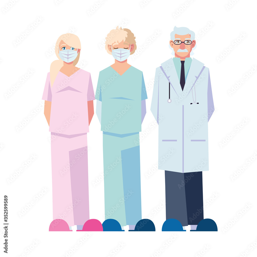 female and male doctors with uniforms and masks vector design female and male doctors with uniforms and masks vector design