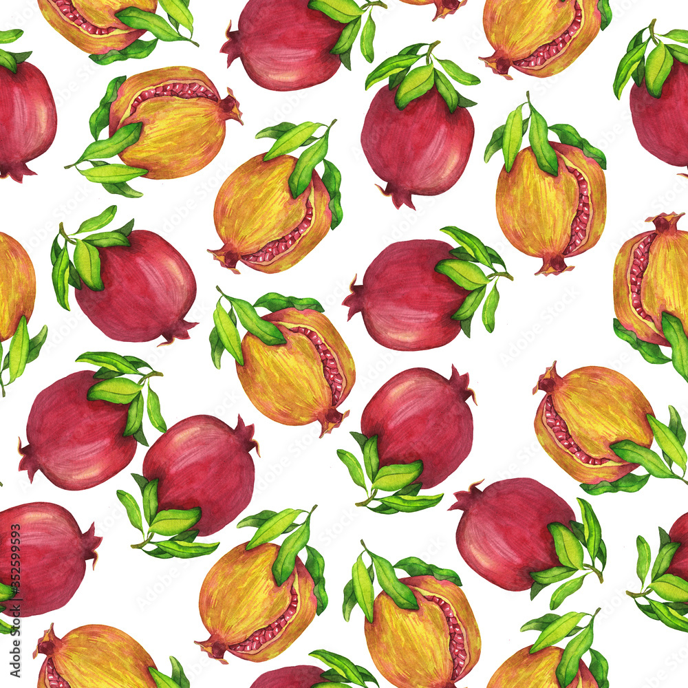 Seamless pattern with red and yellow pomegranate fruit, green leaves and red seeds on white background. Hand drawn watercolor illustration. Seamless pattern with red and yellow pomegranate fruit, green leaves and red seeds on white background. Hand drawn watercolor illustration.