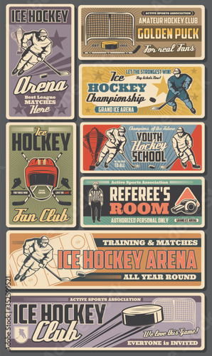 Ice hockey retro posters, vector sport team players with sticks, pucks and winner trophy cup. Referee on rink, skates and goalie mask, goal gate, uniform and helmet. Championship, hockey club banners