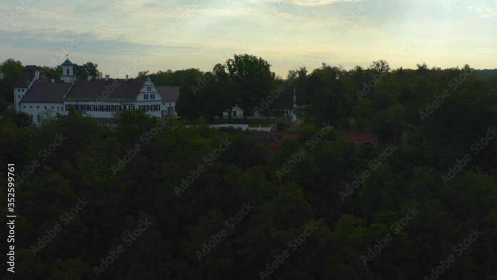 Aerial view of the village Rehling and castle Scherneck in Germany, Bavaria on a sunny spring day during the coronavirus lockdown. Aerial view of the village Rehling and castle Scherneck in Germany, Bavaria on a sunny spring day during the coronavirus lockdown.
