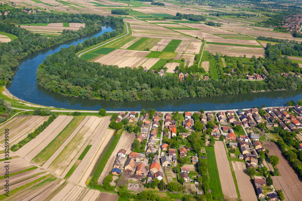 The aerial view of the Sava River in rural Croatia