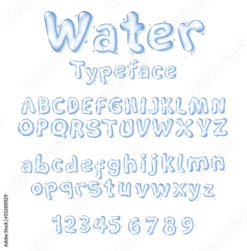 Water font or type liquid vector drop letters and digits. Isolated uppercase and lowercase letters, numbers. Pure aqua blue transparent characters with water droplets. Cartoon font