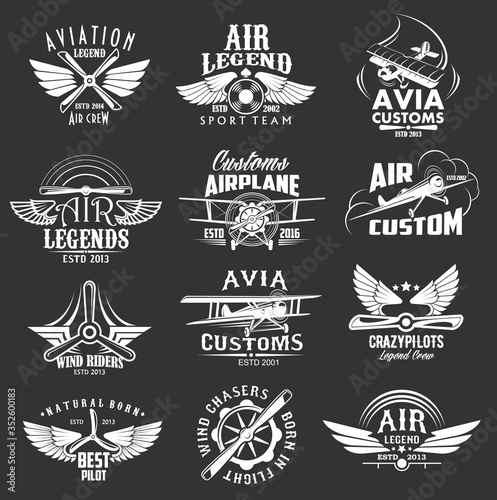 Aviation heraldic icons set, isolated vector labels avia customs and retro aviation symbols of airplane propeller and aircraft wings. Vintage airscrew for aviation legend or best pilot wind chasers