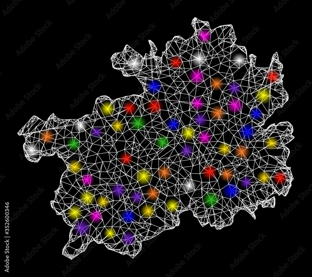 Web mesh vector map of Guizhou Province with flare effect on a black background. Abstract lines, light spots and circle dots form map of Guizhou Province constellation. Web mesh vector map of Guizhou Province with flare effect on a black background. Abstract lines, light spots and circle dots form map of Guizhou Province constellation.