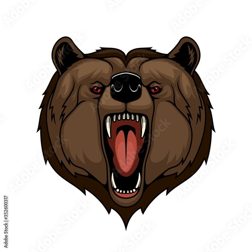 Angry grizzly bear animal head, isolated mascot. Attack, wild predatory animal with open mouth and sharp teeth. Sports team or hunting club emblem. Cartoon grizzly bear roaring and attacking sign