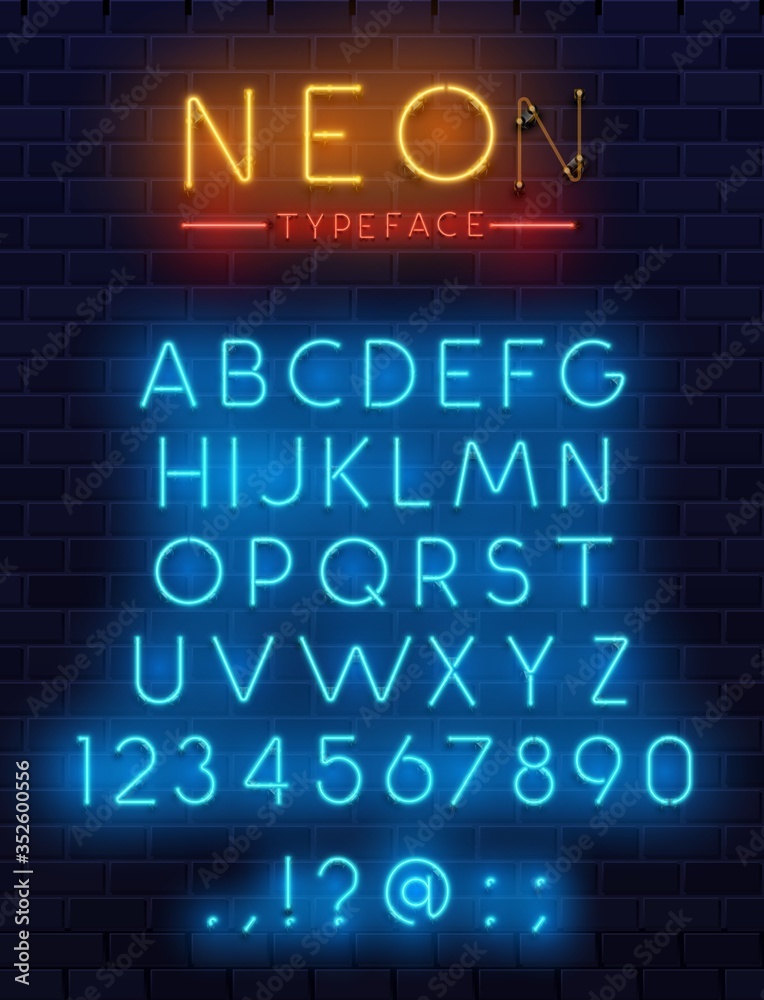 Neon type font, glowing vector alphabet letters, digits and punctuation ...