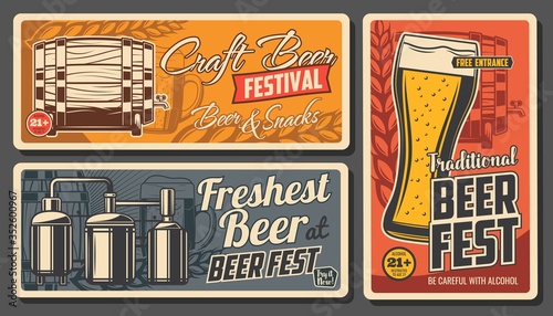 Craft beer and snacks vector posters. Glass cup with foamy drink, wooden barrel, malt ears and brewery. Alcohol drinks age restriction, craft beer fest, beerhouse tavern, pub vintage cards