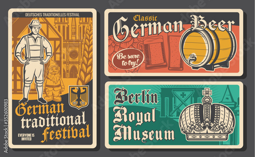 Germany travel retro vector posters. Tour to Berlin, fachwerk houses, bavarian peasant and dwarf, beer festival and museum emperor crown. Traveling agency service, historic tradition