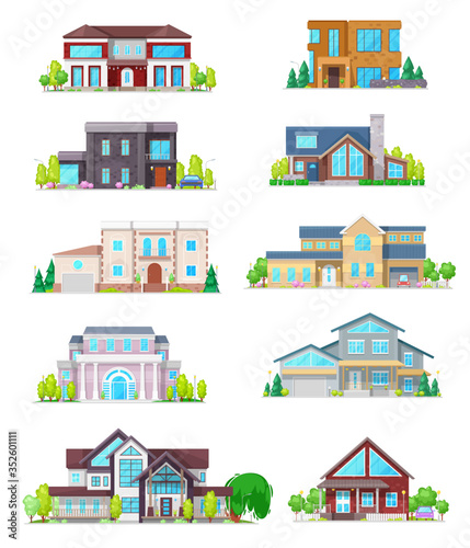 House vector icons of real estate buildings. Cottage home, villa and bungalow, townhouse and mansion front views, town and village residential architecture isolated symbols