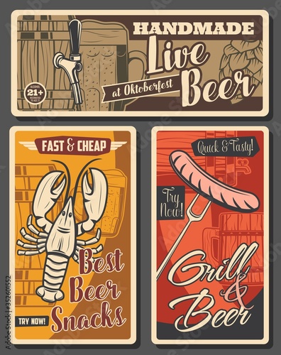 Beer brewing and snacks, brewery retro vector posters. Wooden barrel with tap, tankard and wood pints with foam, hop. Craft beer brewery, crayfish and sausages snack fest, beerhouse tavern