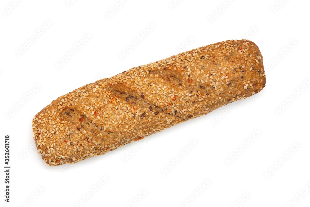 Vegetable loaf with sesame seeds on a white isolated background. Flat lay, Copy space. Vegetable loaf with sesame seeds on a white isolated background. Flat lay, Copy space.