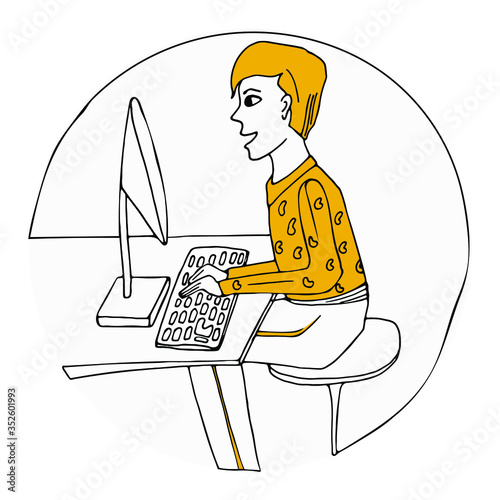 Man works near computer. Isoolated. Work in office. Work at home