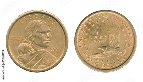 Sacagawea one dollar coin of the United States isolated on a white background. Obverse and reverse. photo