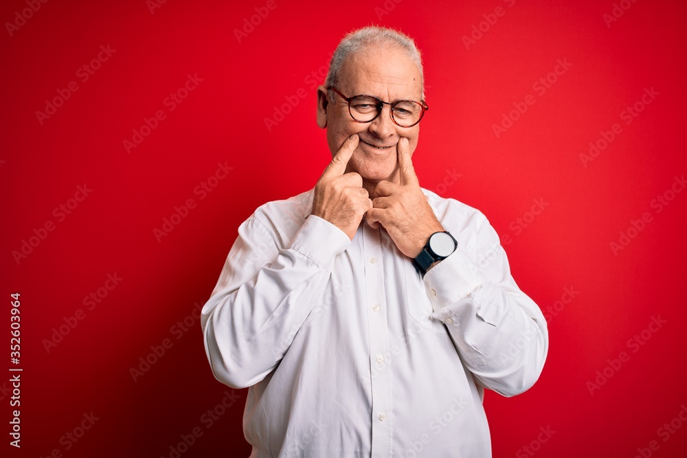 Middle age handsome hoary man wearing casual shirt and glasses over red background Smiling with open mouth, fingers pointing and forcing cheerful smile Middle age handsome hoary man wearing casual shirt and glasses over red background Smiling with open mouth, fingers pointing and forcing cheerful smile