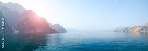 Sea tropical landscape with mountains and fjords, Oman