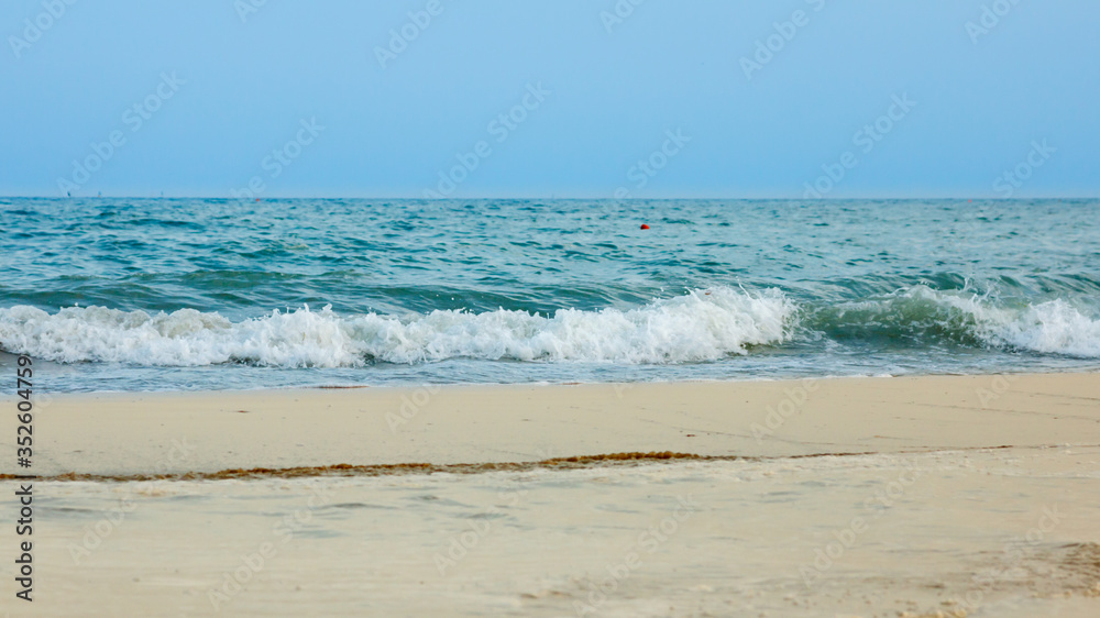 A foamy sea wave runs onto the yellow coastal sand in the evening. A foamy sea wave runs onto the yellow coastal sand in the evening.