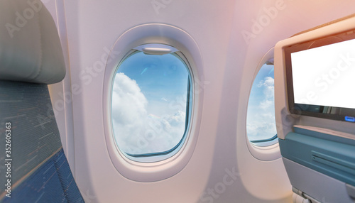 Airplane window view inside an aircraft. Window plane. © Lukas Gojda