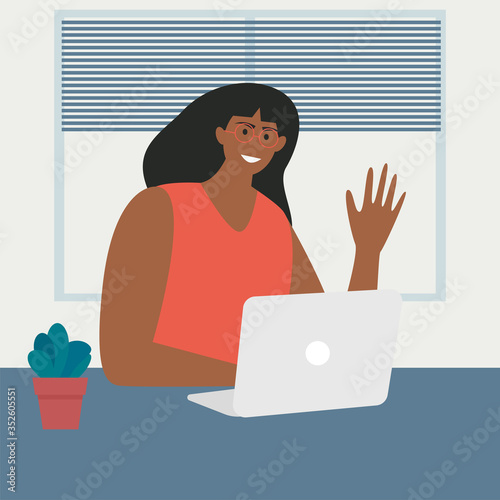 Woman using laptop for virtual meeting and video conference. Working from home or video conference with friends during quarantine. 