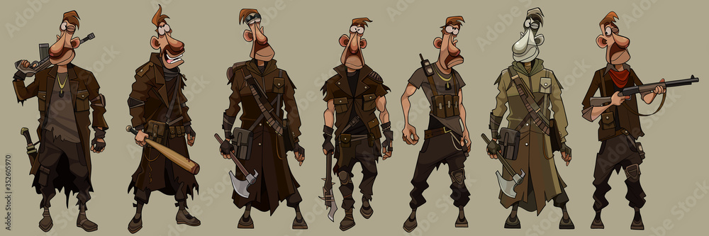 cartoon man in a military uniform post apocalypse with weapons in