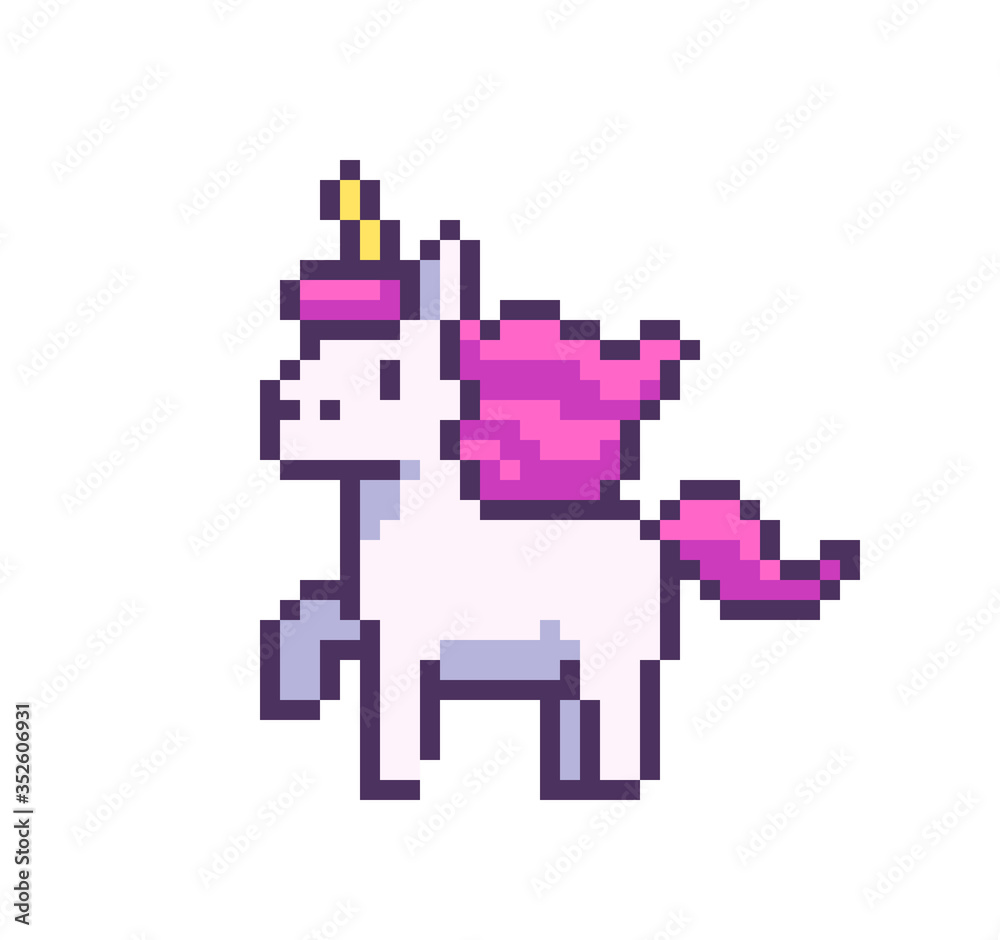 Lovely pixel art unicorn with pink mane on white background Lovely pixel art unicorn with pink mane on white background