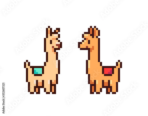 Set of cute game art pixel lamas on white background