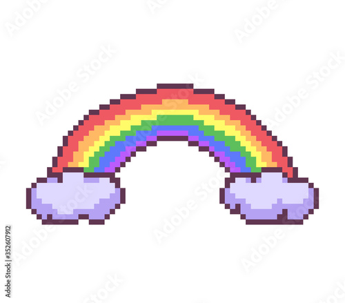 Lovely pixel rainbow with clouds on white background for game art