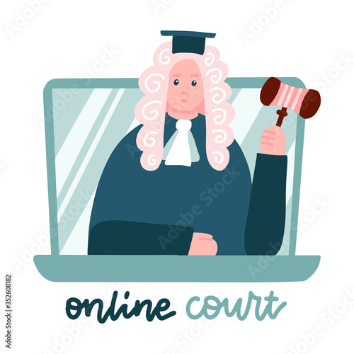 Judge in a wig on laptop screen. computer Online legal proceedings .Law consulting, juridical help online. Lockdown home office, remote job. Flat vector illustration.