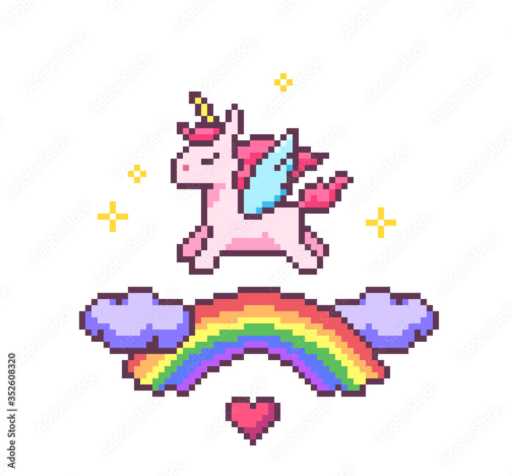 Obraz premium Fantasy game pixel art poster with unicorn, heart, rainbow, stars, glitters and clouds.