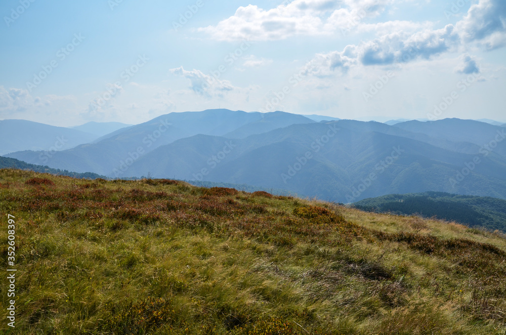 Amazing view of peaceful intact nature on a sunny autumn day in the countryside with Carpathian mountains in the back and old grass on the ground