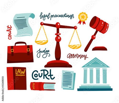 Symbols of legal regulations. Juridical icons set. Juridical, tribunal and judgment, law and gavel. Judges portfolio, courthouse. Flat vector illustration with hand drawn lettering legal proceedings
