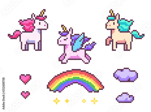 Fantasy game pixel art assets with unicorns, hearts, rainbow, stars, glitters and clouds