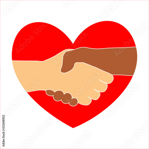 Handshake on the background of a red heart symbolizes the antiracism. Hand shake between black and white man. Stop racism.