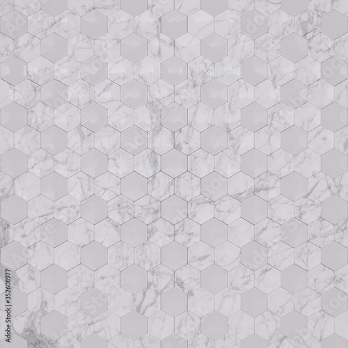 Fototapeta Naklejka Na Ścianę i Meble -  Fragment light ceramic tiles for wall and floor decoration. Texture for use in graphic and architectural project. Pattern of ceramic tiles of hexagon shape for background. 3D illustration.