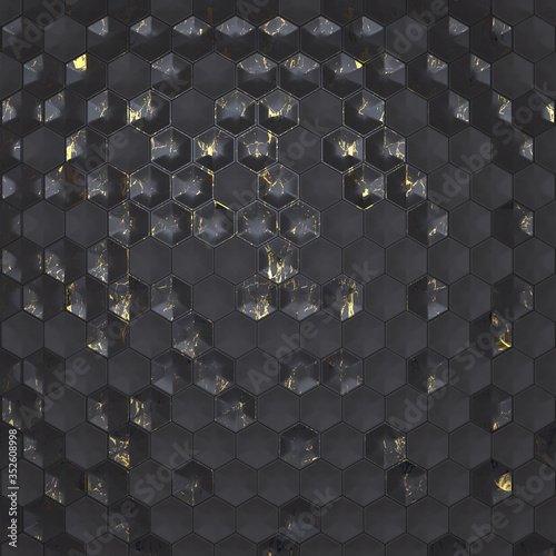Fragment dark ceramic tiles for wall and floor decoration. Texture for use in graphic and architectural project. Pattern of ceramic tiles of hexagon shape for background. 3D illustration.