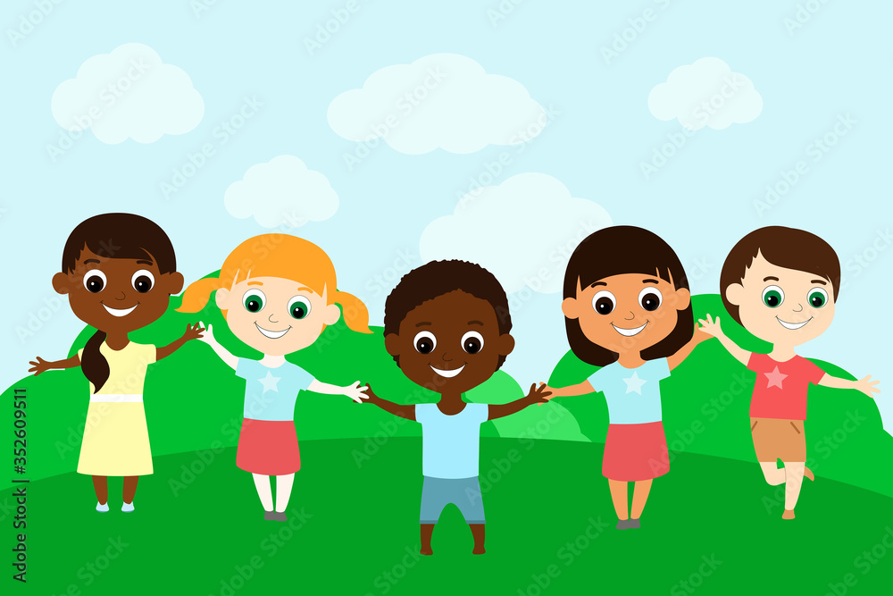 Cheerful children of different nationalities hold hands and stand on the green grass under the blue sky. At the top is a place for text. Illustration for international and children's holidays.