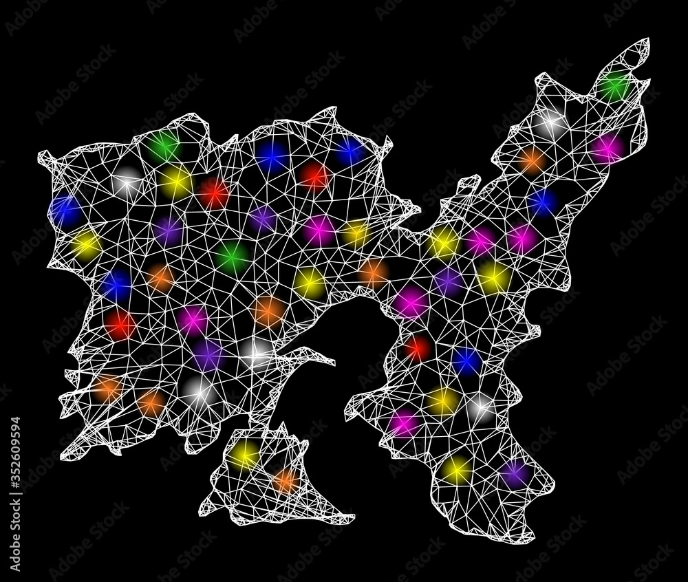 Web mesh vector map of Lemnos Island with glare effect on a black background. Abstract lines, light spots and small circles form map of Lemnos Island constellation. Web mesh vector map of Lemnos Island with glare effect on a black background. Abstract lines, light spots and small circles form map of Lemnos Island constellation.